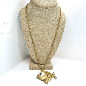 VINTAGE JJ FISH Necklace Gold Tone Googly Eye Pendant Campy Kitsch Rope Chain